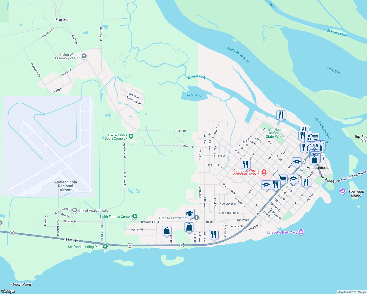 map of restaurants, bars, coffee shops, grocery stores, and more near 7 Timberwood Ct in Apalachicola