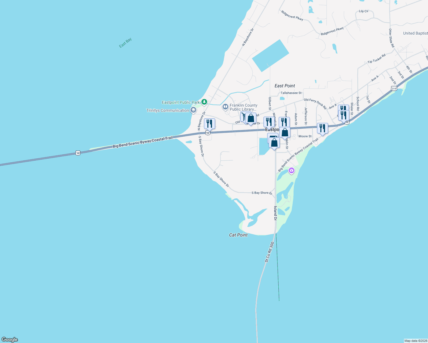 map of restaurants, bars, coffee shops, grocery stores, and more near 129 Las Brisas Way in Eastpoint