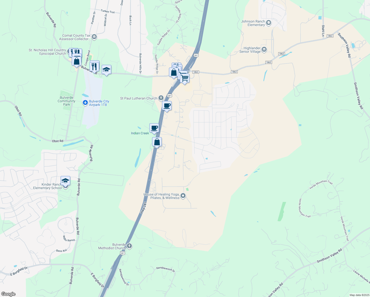 map of restaurants, bars, coffee shops, grocery stores, and more near 29550 Ancestral Trail in Bulverde