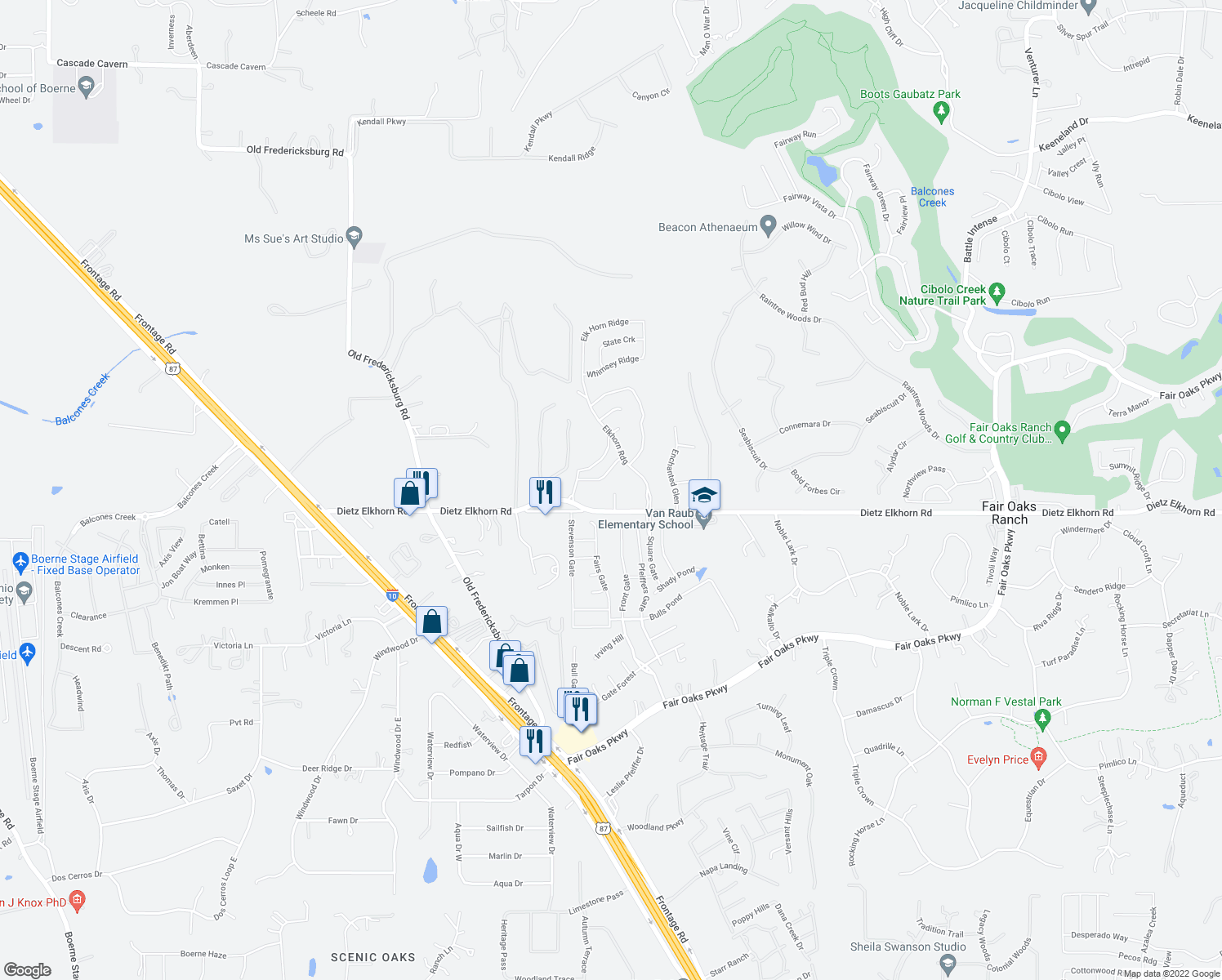 map of restaurants, bars, coffee shops, grocery stores, and more near 9031 Dietz Elkhorn Road in Boerne
