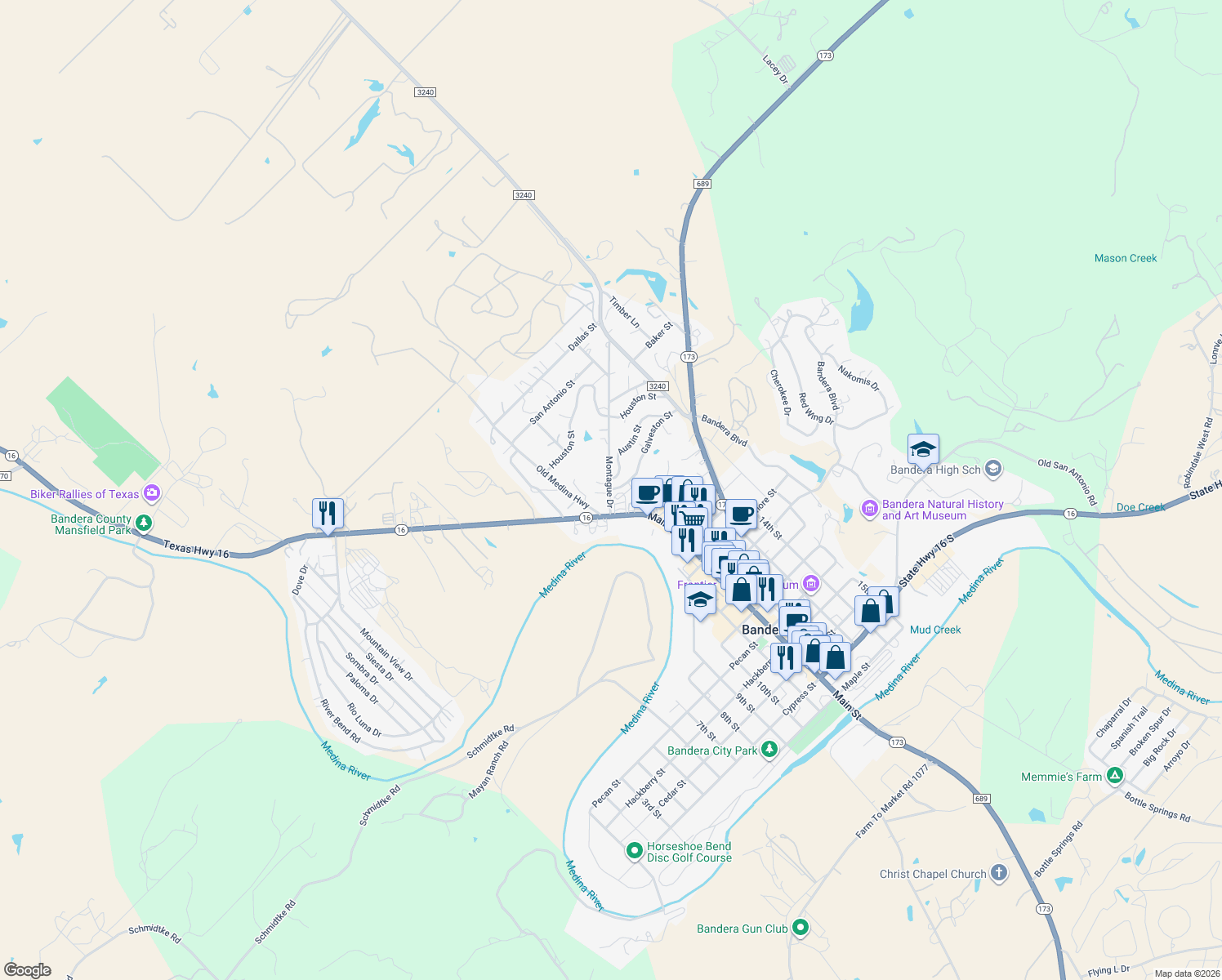 map of restaurants, bars, coffee shops, grocery stores, and more near 204 Galveston St in Bandera