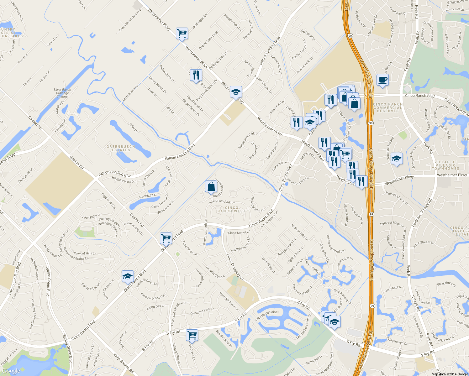 map of restaurants, bars, coffee shops, grocery stores, and more near 25206 Sutherland Springs Ln in Katy
