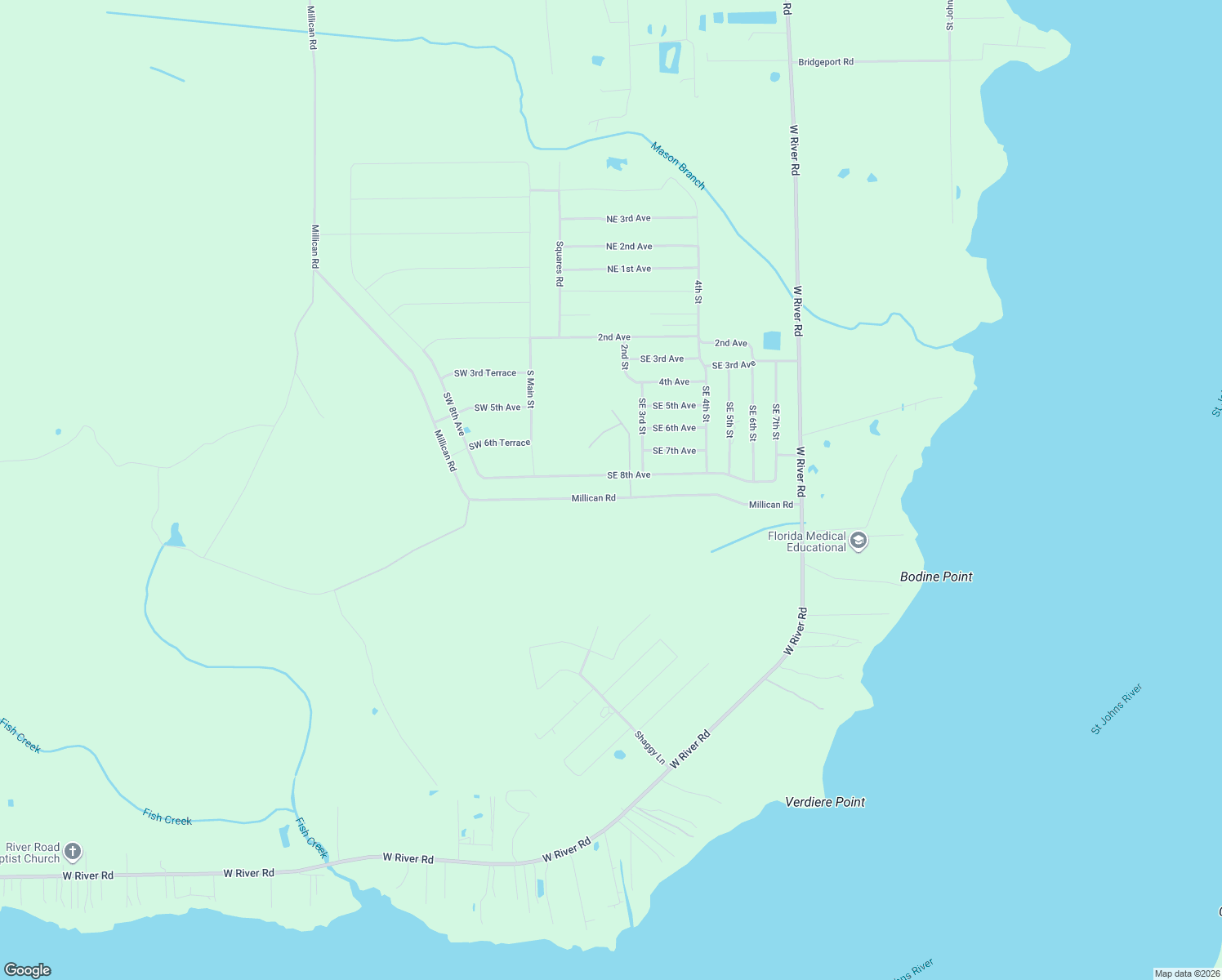 map of restaurants, bars, coffee shops, grocery stores, and more near 178 Millican Road in Palatka