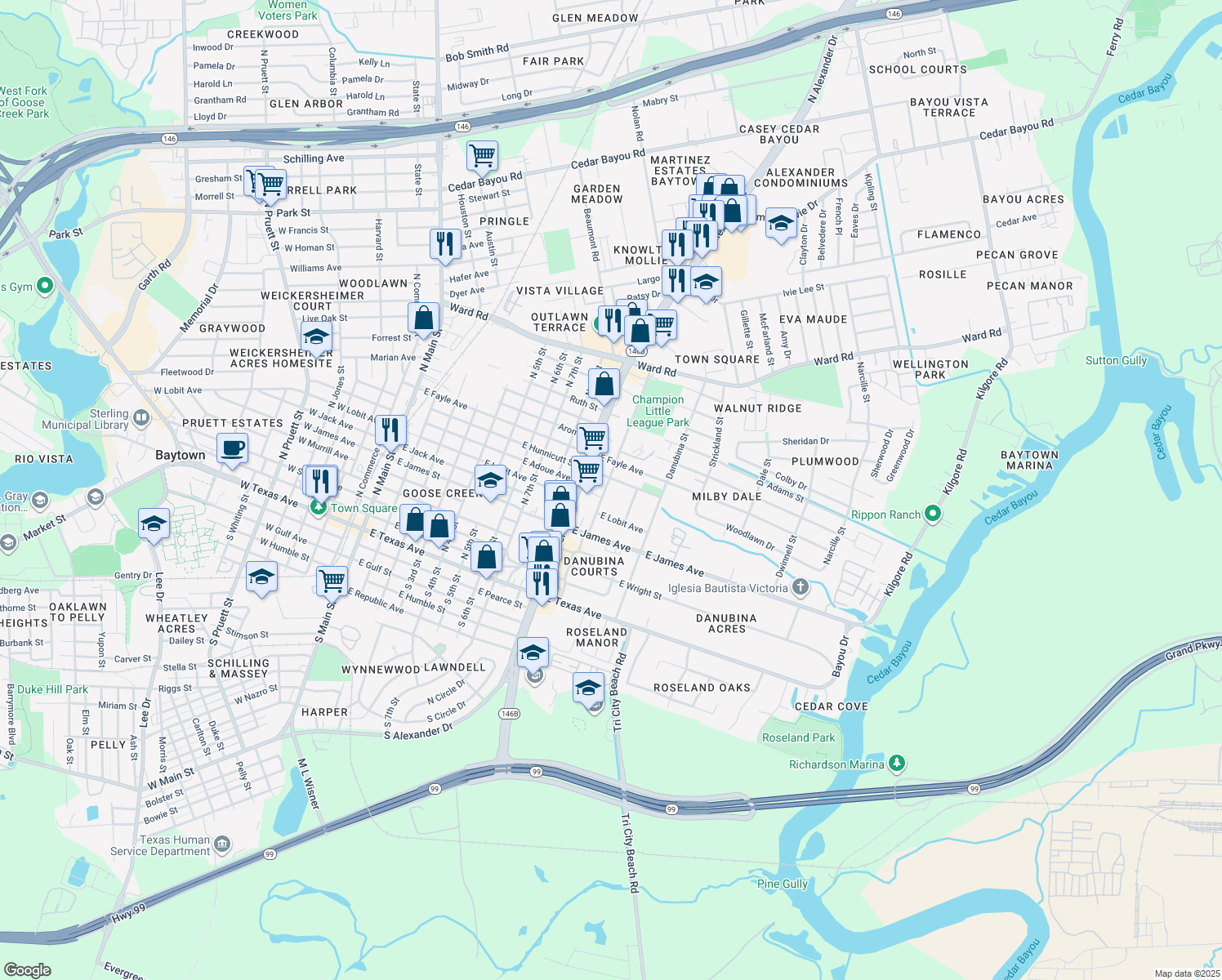 map of restaurants, bars, coffee shops, grocery stores, and more near 1008 East Lobit Avenue in Baytown