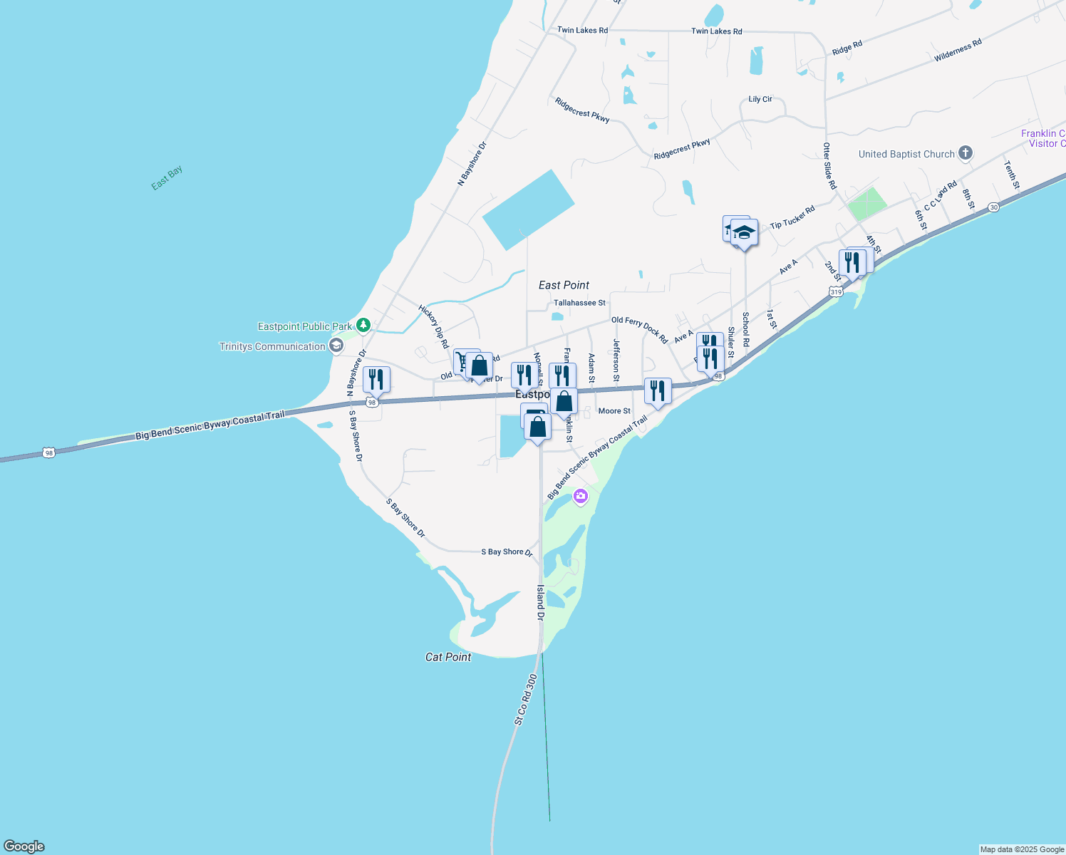 map of restaurants, bars, coffee shops, grocery stores, and more near 25 Island Drive in Eastpoint