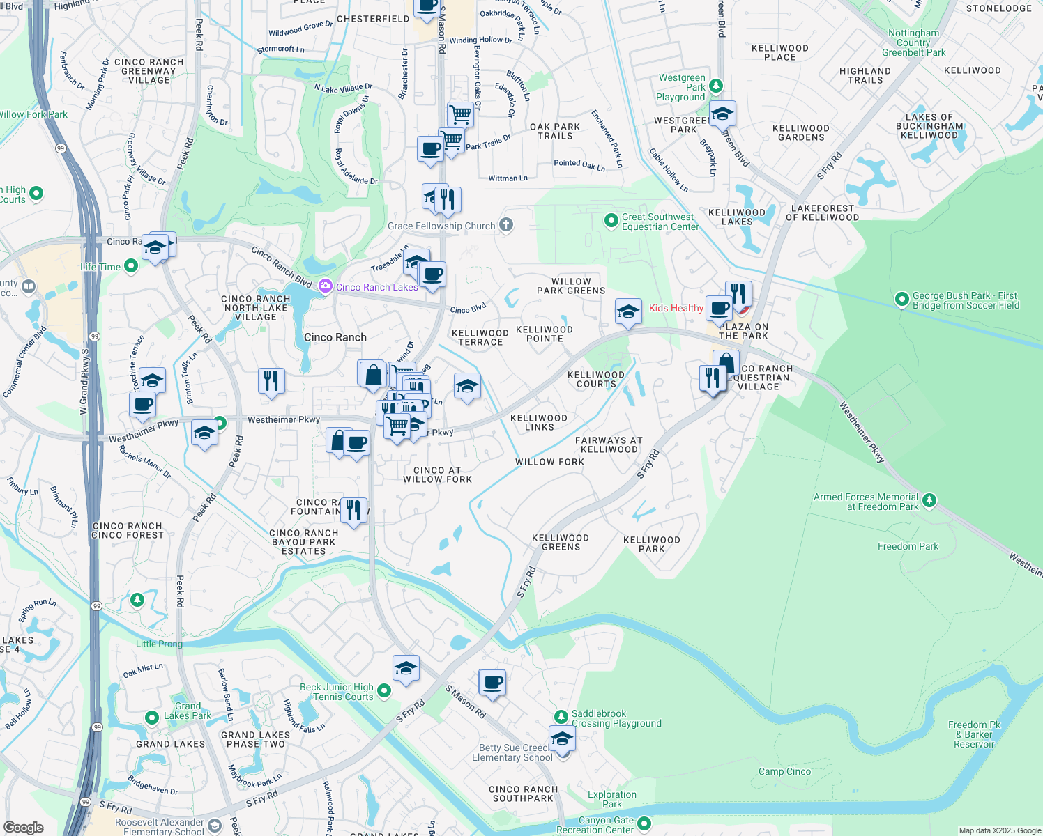 map of restaurants, bars, coffee shops, grocery stores, and more near 3406 San Vicente Lane in Katy