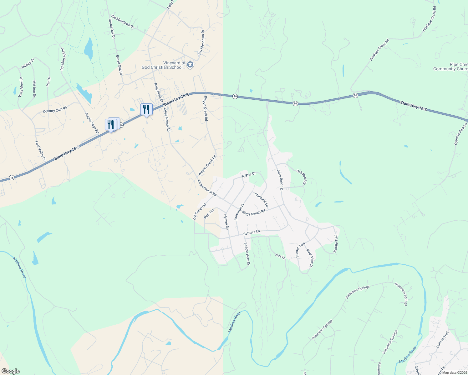 map of restaurants, bars, coffee shops, grocery stores, and more near 234 North Star Drive in Bandera