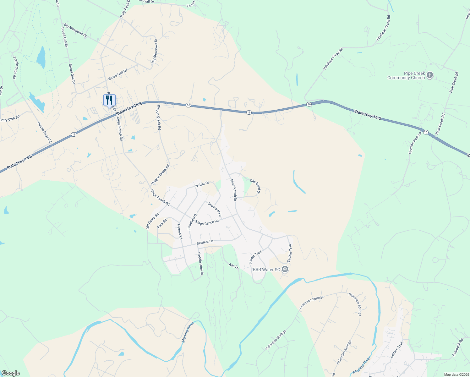 map of restaurants, bars, coffee shops, grocery stores, and more near 803 River Ranch Drive in Bandera