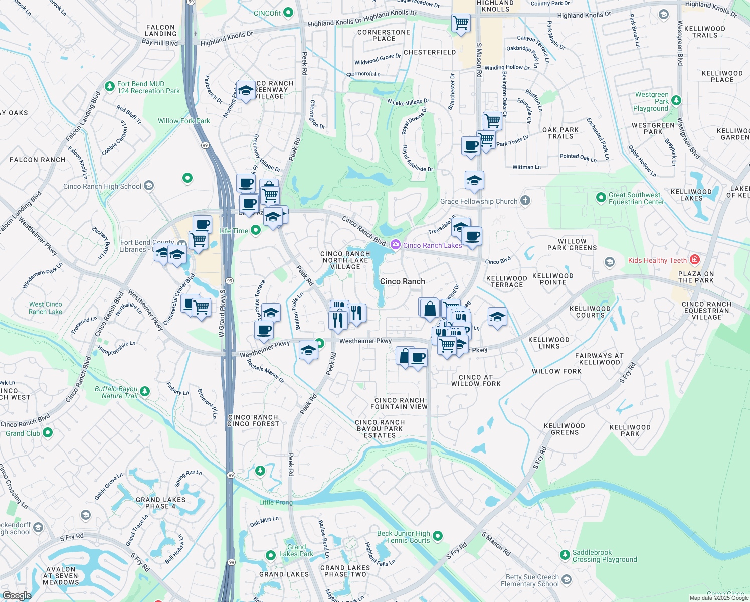 map of restaurants, bars, coffee shops, grocery stores, and more near 3418 Winding Lake Way in Katy