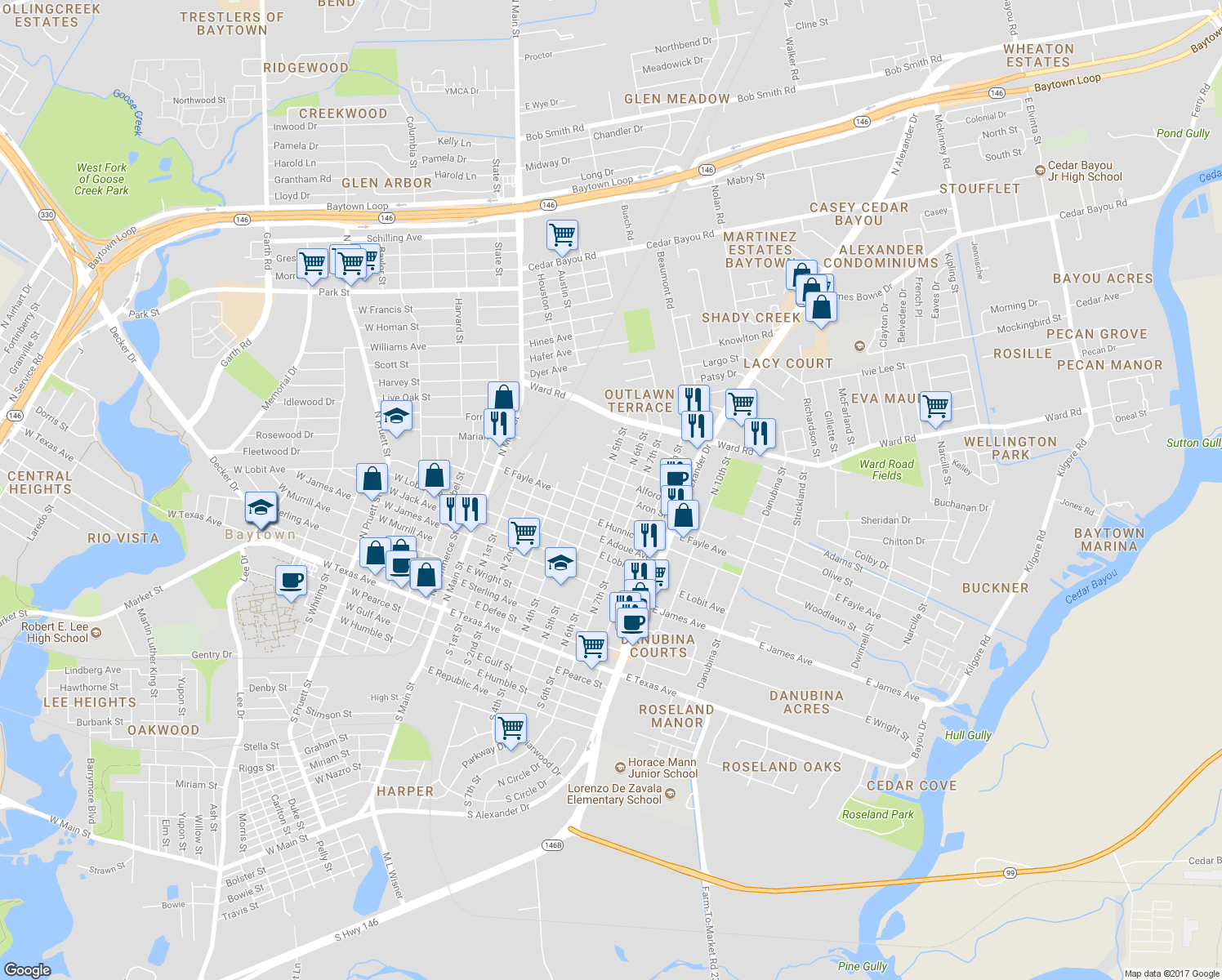 map of restaurants, bars, coffee shops, grocery stores, and more near 504 Aron St in Baytown