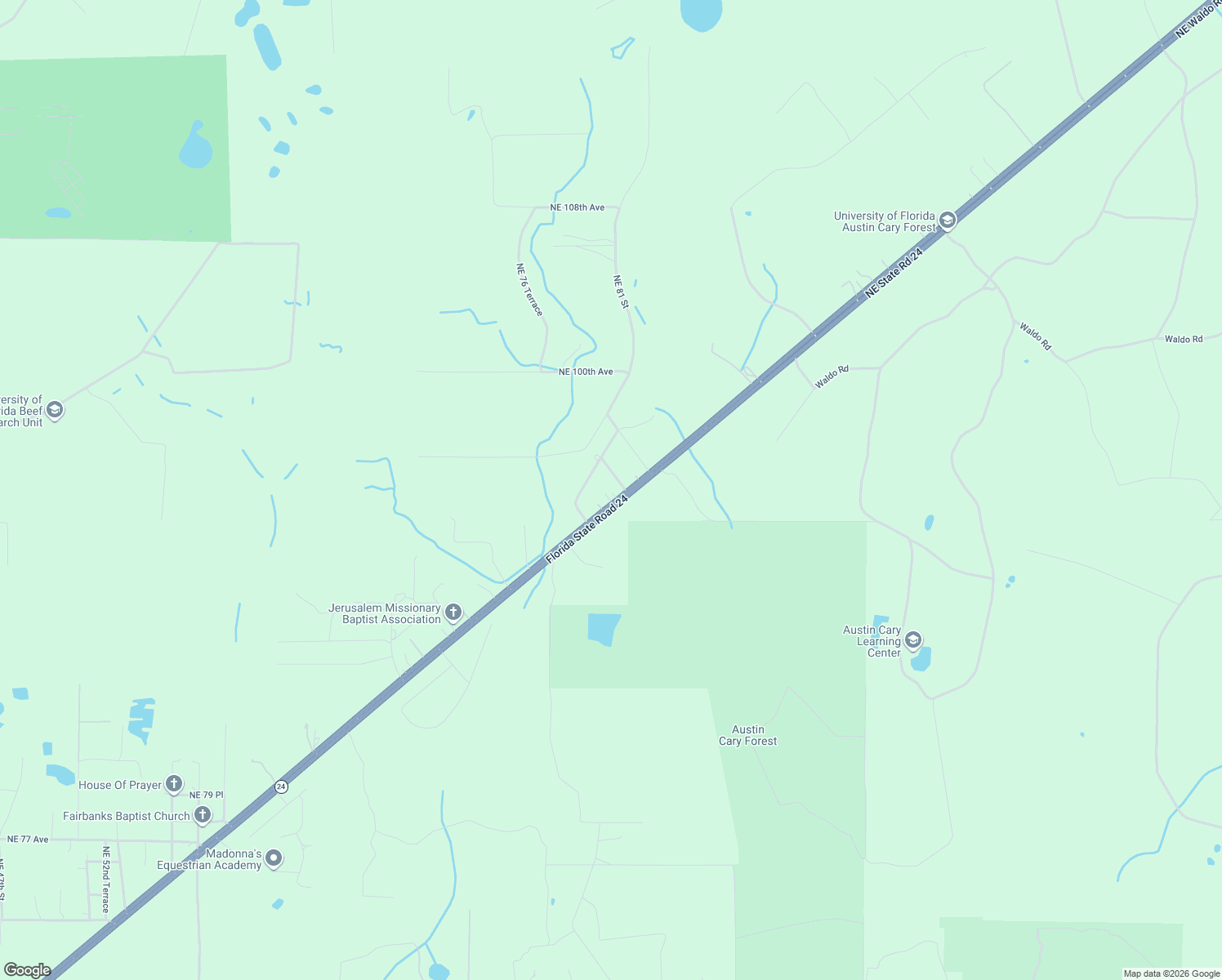 map of restaurants, bars, coffee shops, grocery stores, and more near 9428 Northeast Waldo Road in Gainesville