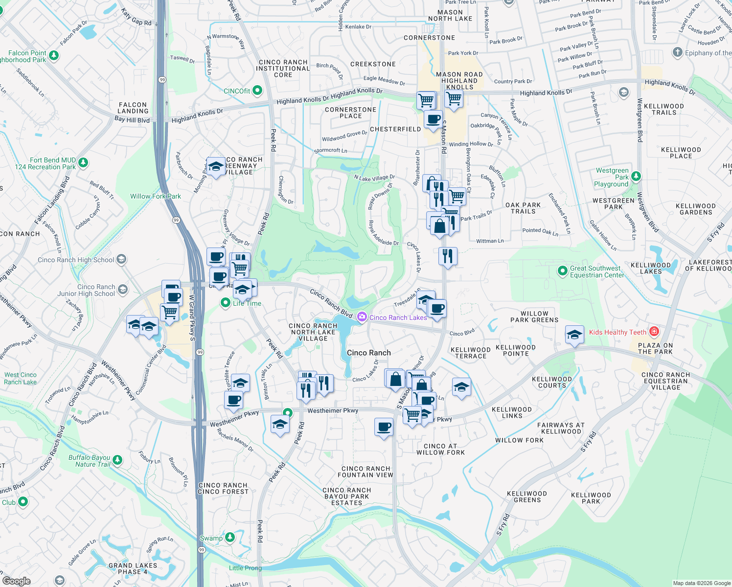 map of restaurants, bars, coffee shops, grocery stores, and more near 5 Hollingers Island in Katy