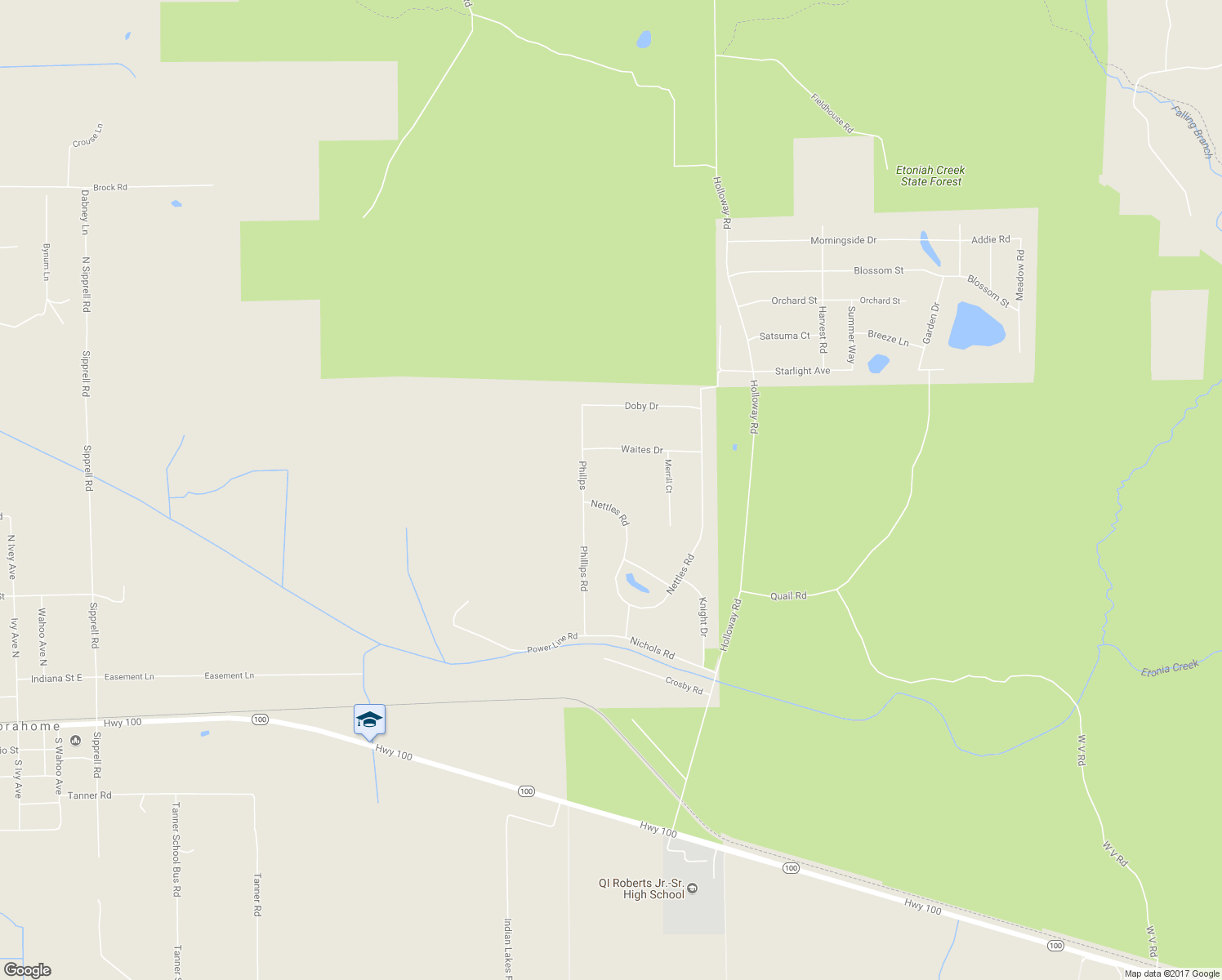 map of restaurants, bars, coffee shops, grocery stores, and more near 128 Phillips Road in Florahome