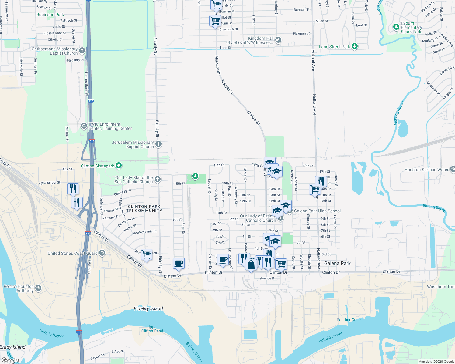 map of restaurants, bars, coffee shops, grocery stores, and more near 1601 Pugh Dr in Galena Park