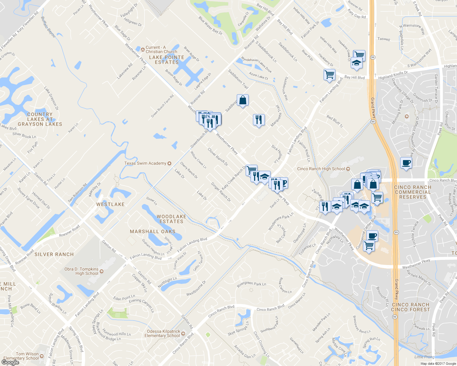 map of restaurants, bars, coffee shops, grocery stores, and more near 25018 Florina Ranch Drive in Katy
