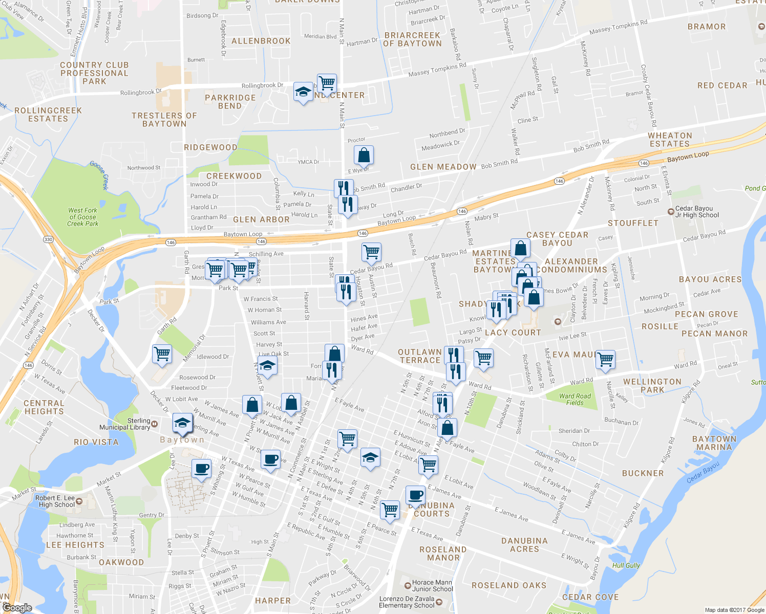 map of restaurants, bars, coffee shops, grocery stores, and more near 304 Alva Avenue in Baytown