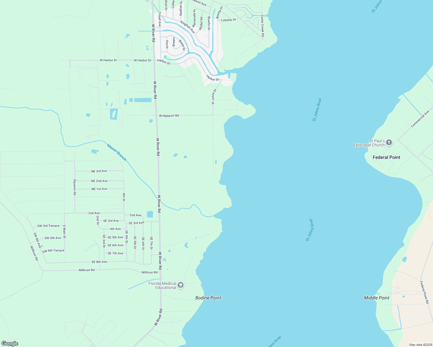 map of restaurants, bars, coffee shops, grocery stores, and more near 250 Saint Johns Drive in Palatka