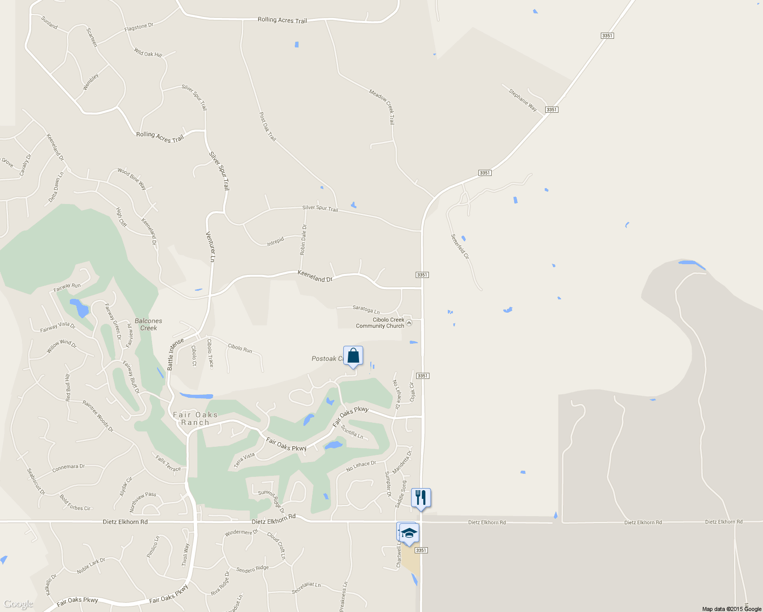 map of restaurants, bars, coffee shops, grocery stores, and more near 30371 Saratoga Lane in Boerne