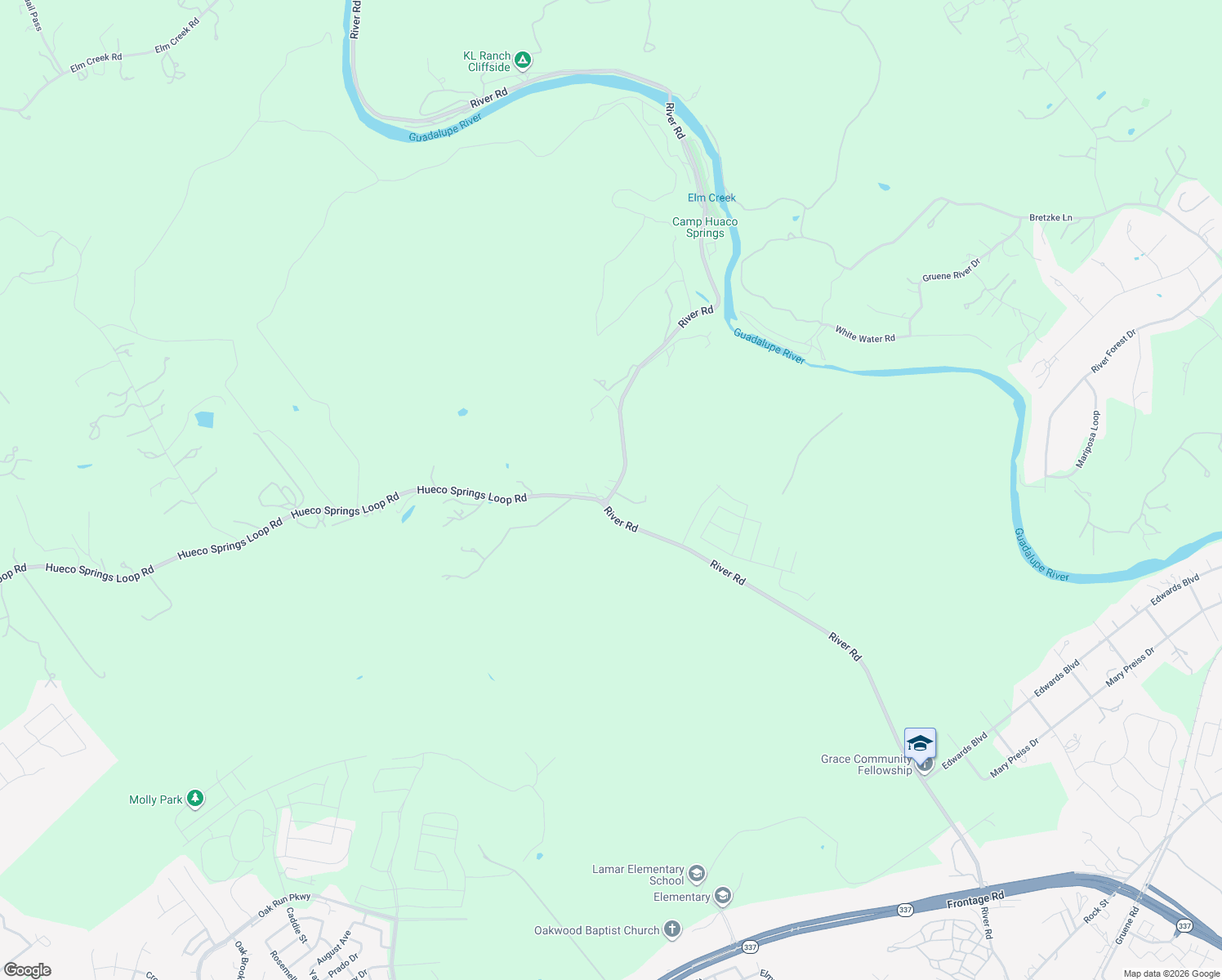 map of restaurants, bars, coffee shops, grocery stores, and more near 3075 River Road in New Braunfels