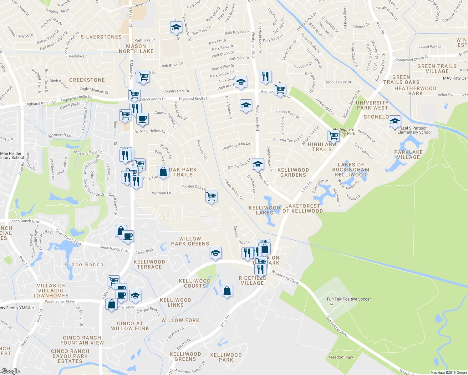 map of restaurants, bars, coffee shops, grocery stores, and more near 2319 Gable Hollow Lane in Katy