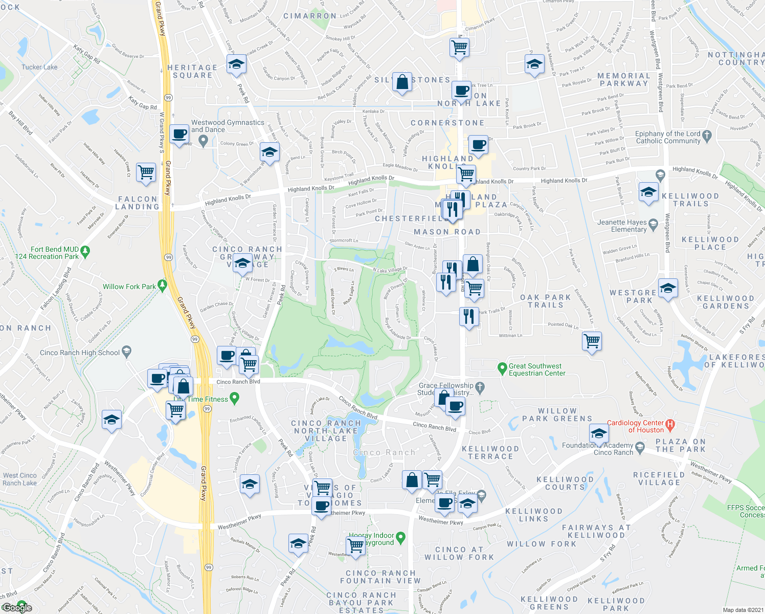map of restaurants, bars, coffee shops, grocery stores, and more near 2030 Royal Downs Drive in Katy