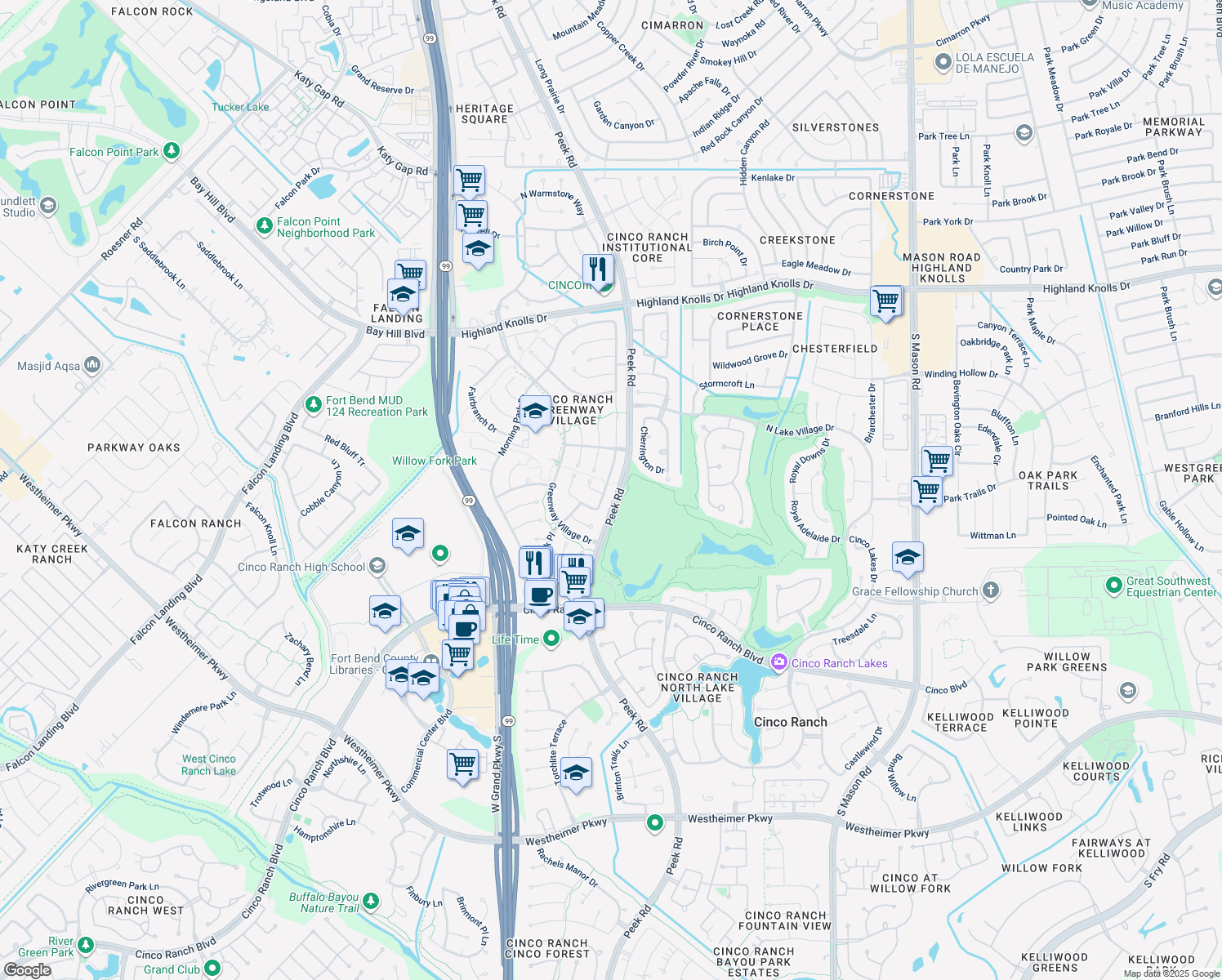 map of restaurants, bars, coffee shops, grocery stores, and more near 2207 Garden Terrace Dr in Katy