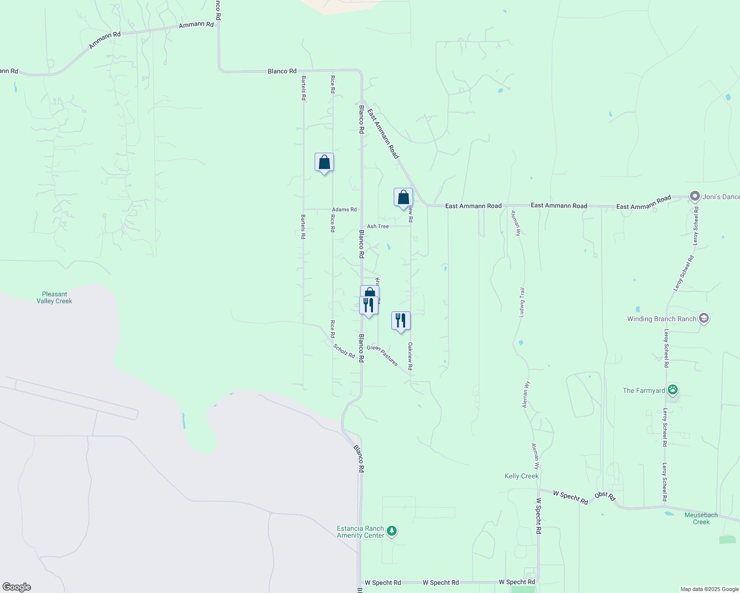 map of restaurants, bars, coffee shops, grocery stores, and more near 30891 Krueger Road in Bulverde