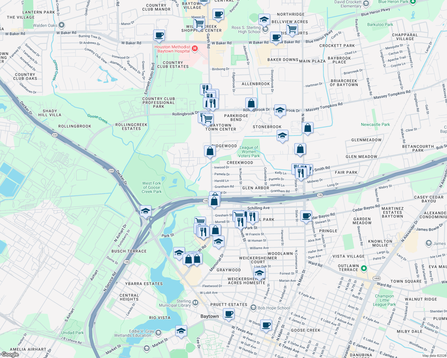 map of restaurants, bars, coffee shops, grocery stores, and more near 702 Harold Lane in Baytown