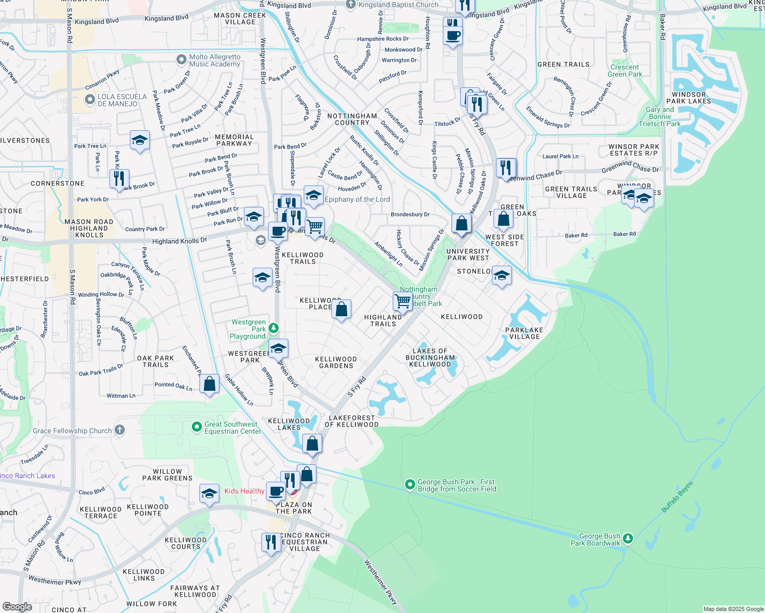 map of restaurants, bars, coffee shops, grocery stores, and more near 2022 Highland Bay Court in Katy