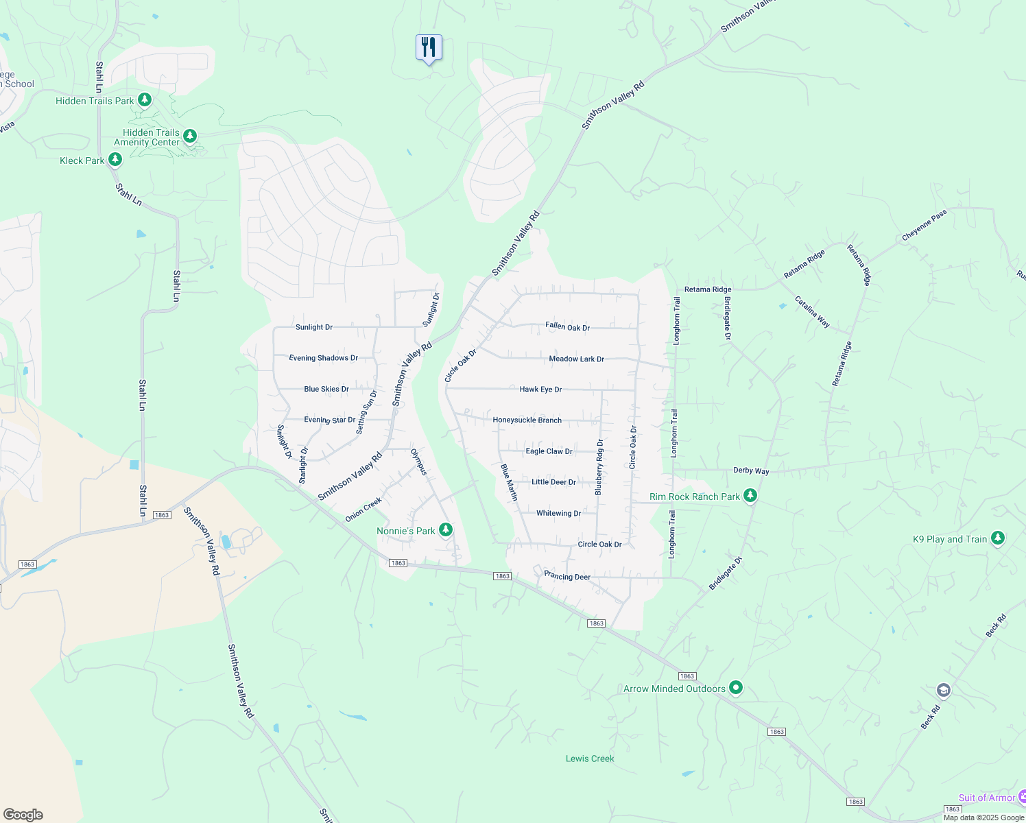 map of restaurants, bars, coffee shops, grocery stores, and more near 5139 Honeysuckle Branch in Bulverde
