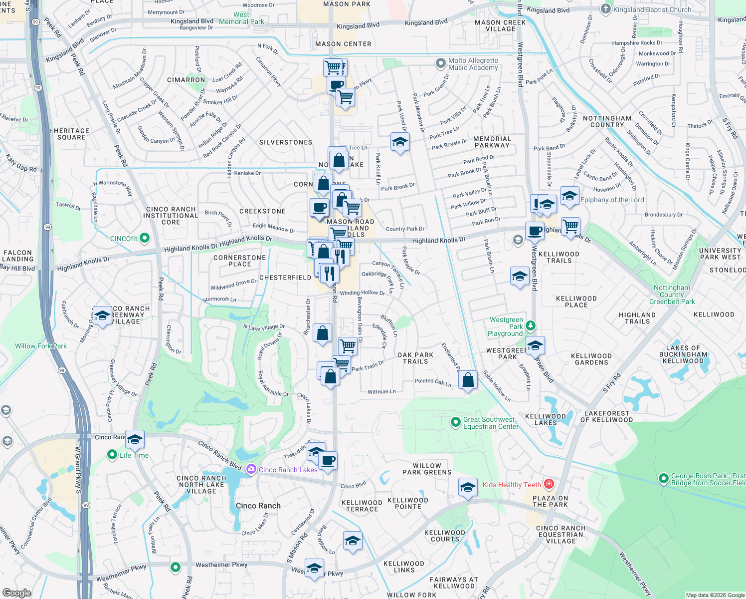 map of restaurants, bars, coffee shops, grocery stores, and more near 21730 Ashford Grove Lane in Katy