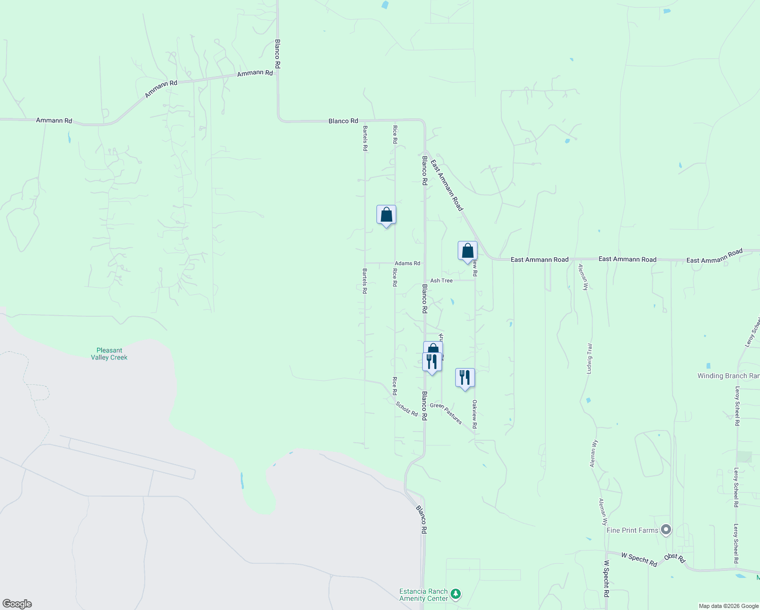 map of restaurants, bars, coffee shops, grocery stores, and more near 31045 Rice Rd in Bulverde