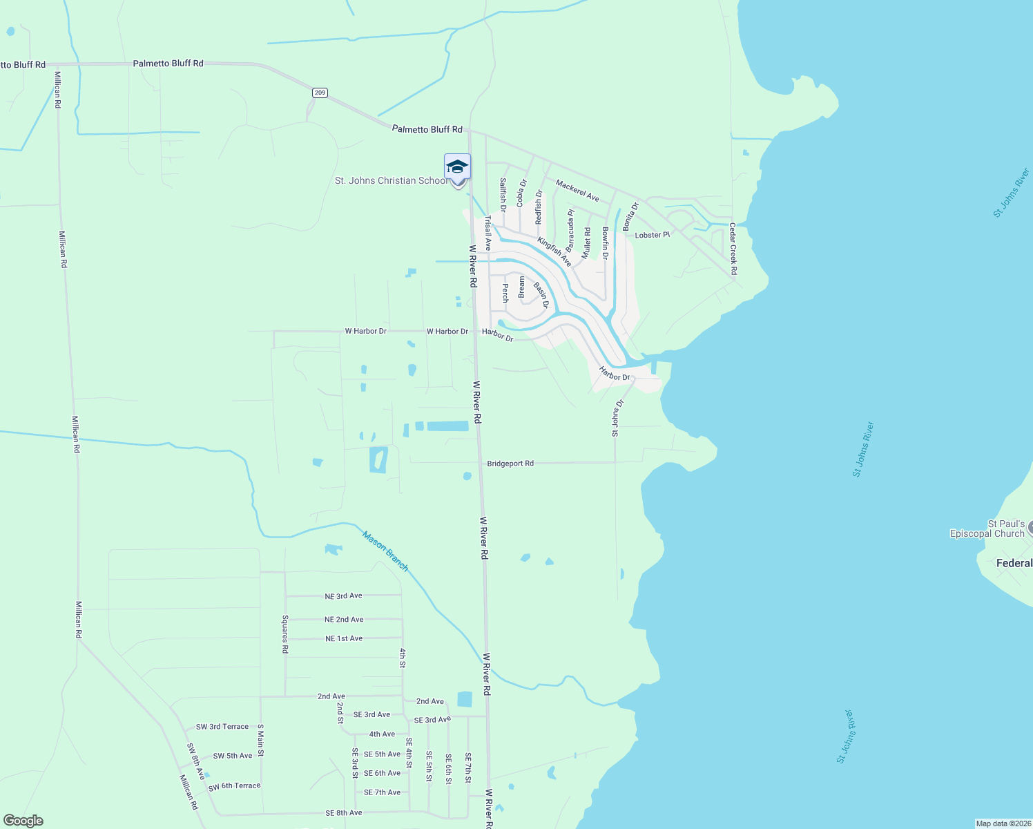 map of restaurants, bars, coffee shops, grocery stores, and more near 829 West River Road in Palatka