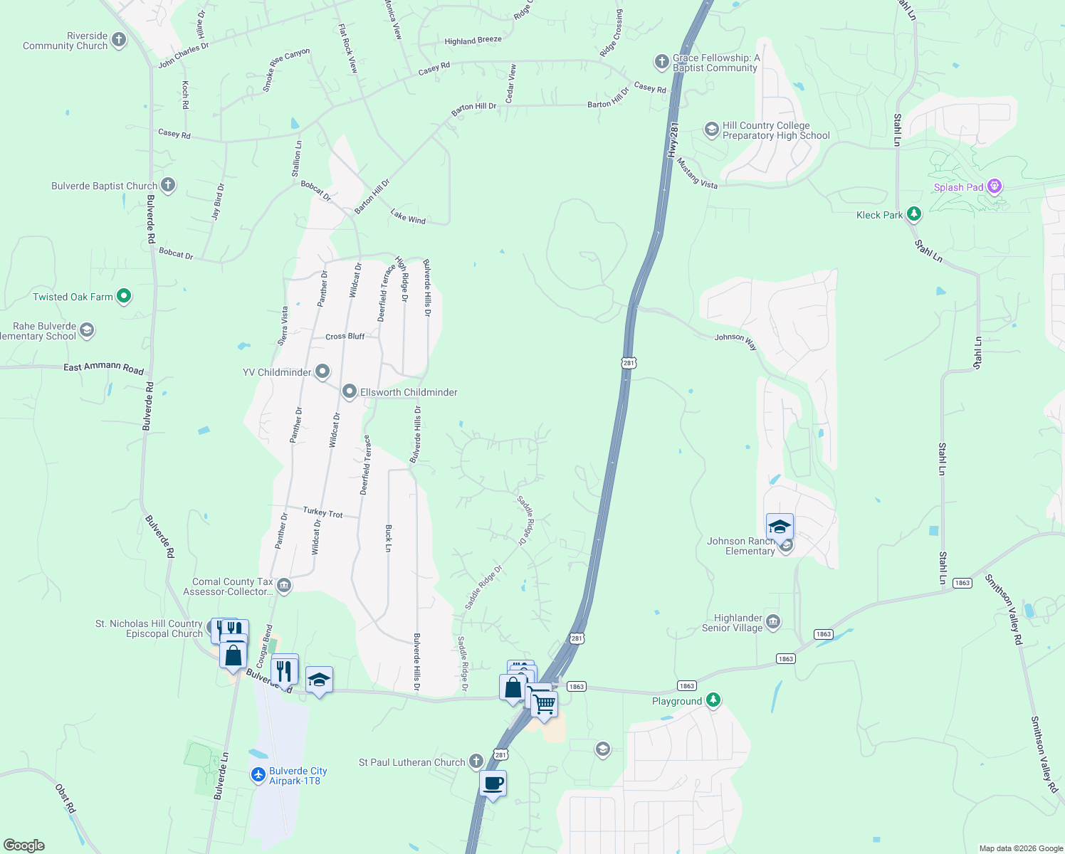 map of restaurants, bars, coffee shops, grocery stores, and more near 3030 Split Rock Cir in Bulverde