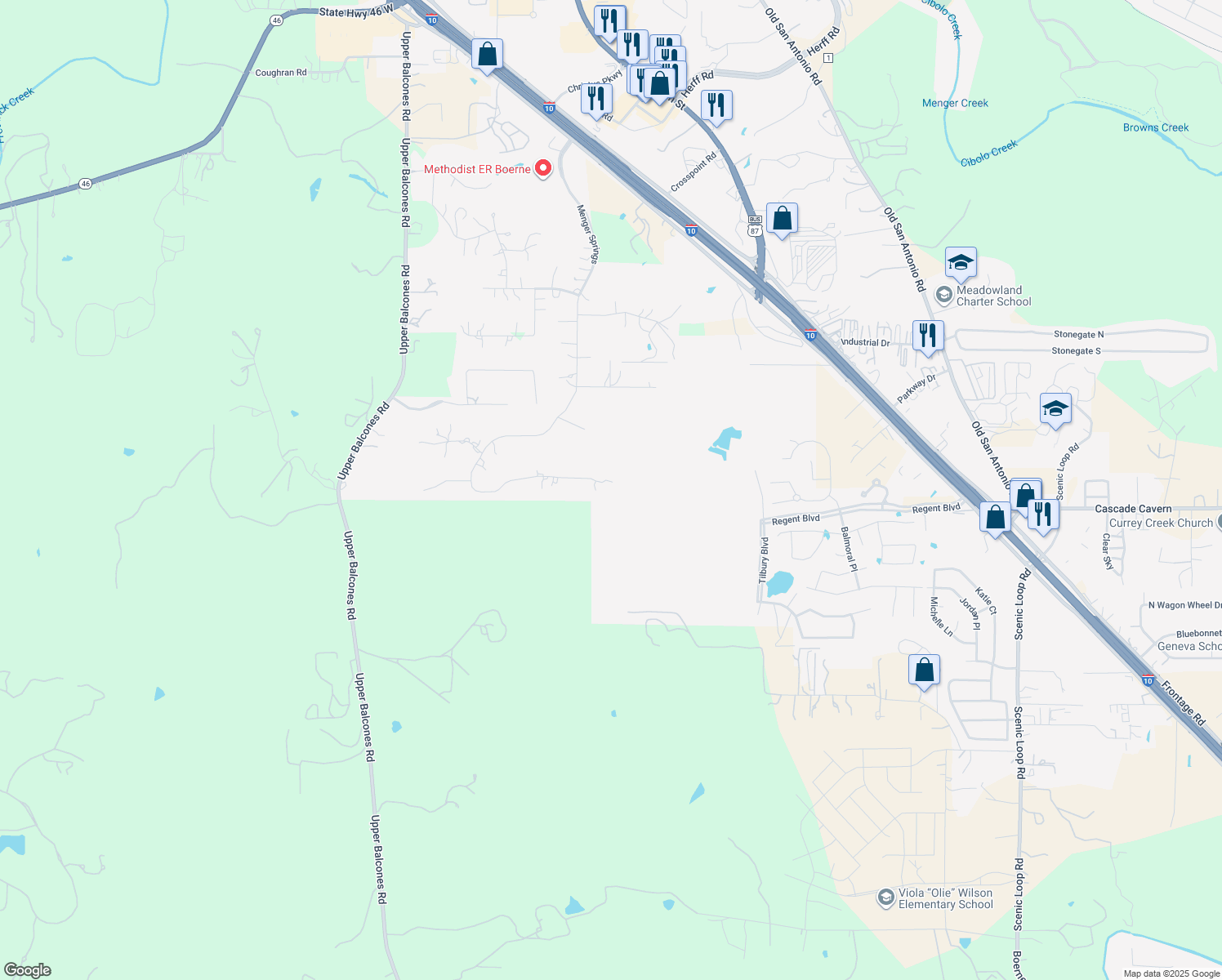 map of restaurants, bars, coffee shops, grocery stores, and more near 634 Menger Springs in Boerne