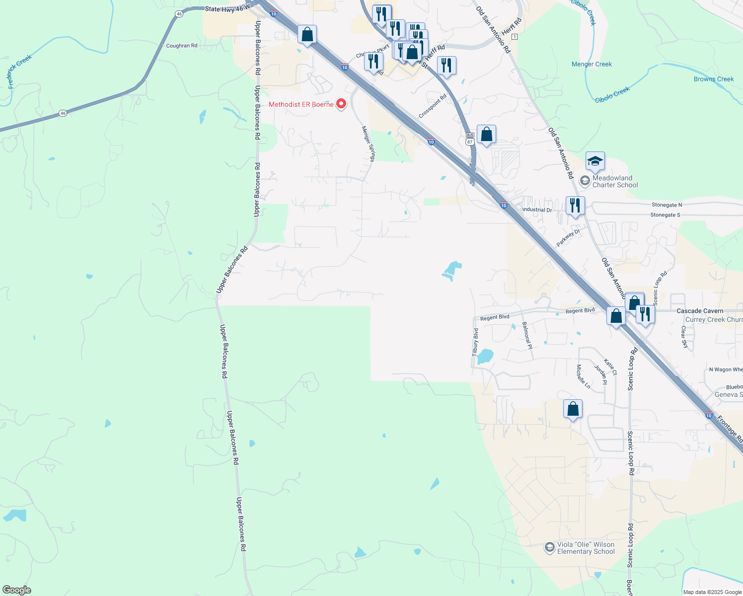 map of restaurants, bars, coffee shops, grocery stores, and more near 634 Menger Springs in Boerne