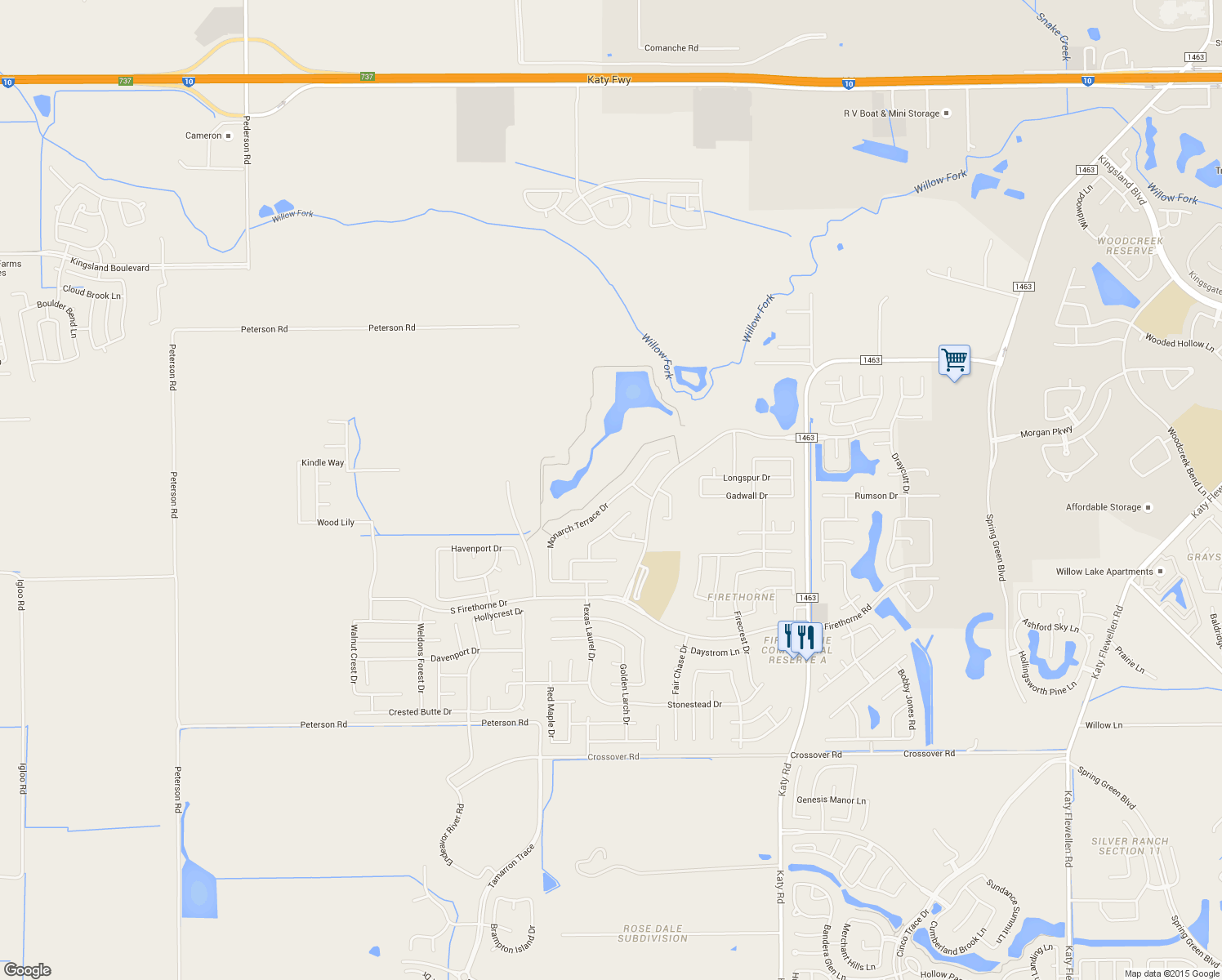 map of restaurants, bars, coffee shops, grocery stores, and more near 2318 Monarch Terrace Drive in Katy