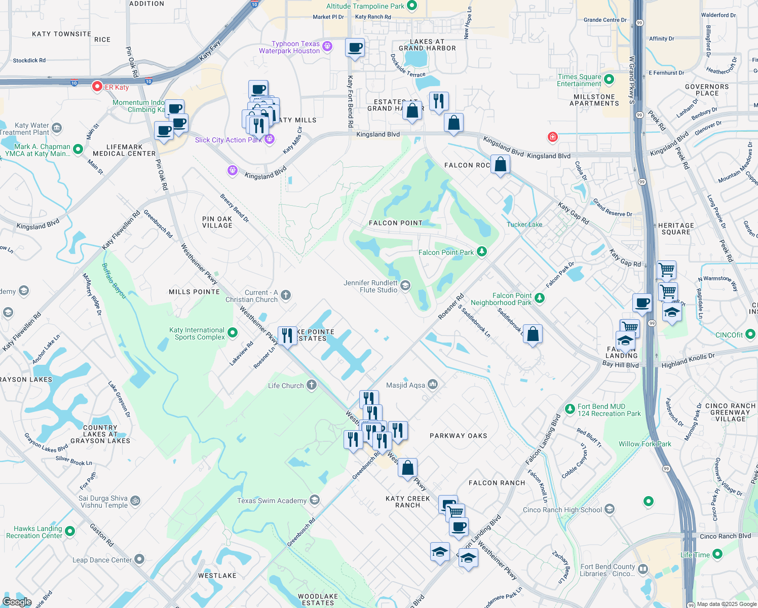 map of restaurants, bars, coffee shops, grocery stores, and more near 2115 Saddlehorn Trail in Katy