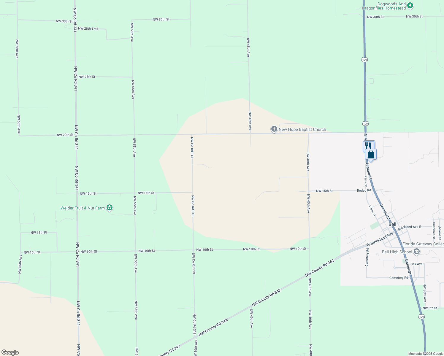 map of restaurants, bars, coffee shops, grocery stores, and more near 1730 Northwest Co Road 313 in Bell