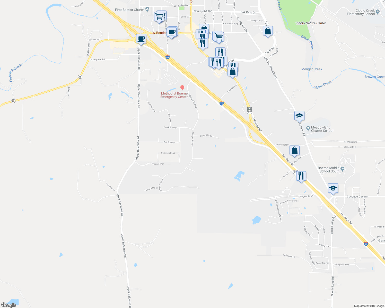 map of restaurants, bars, coffee shops, grocery stores, and more near 364 Menger Springs in Boerne