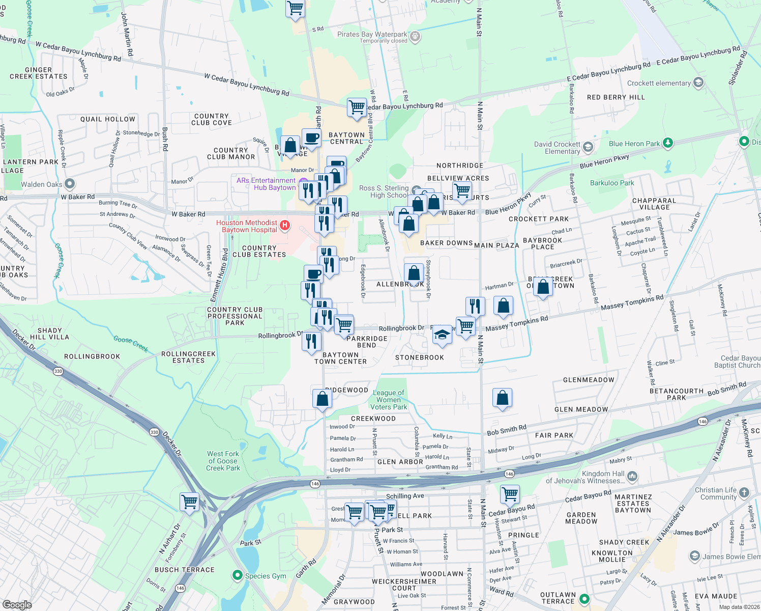 map of restaurants, bars, coffee shops, grocery stores, and more near 811 Edgebrook Drive in Baytown