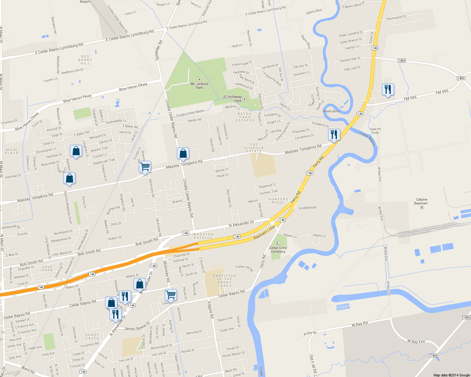 map of restaurants, bars, coffee shops, grocery stores, and more near 3514 Red Cedar Bend in Baytown