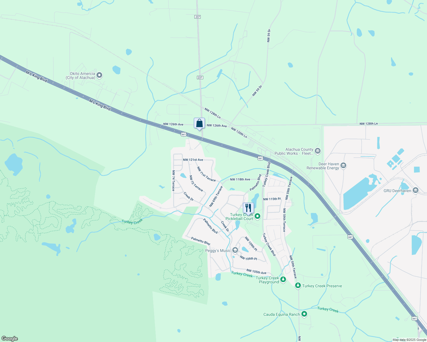 map of restaurants, bars, coffee shops, grocery stores, and more near 11909 Northwest 69th Way in Alachua