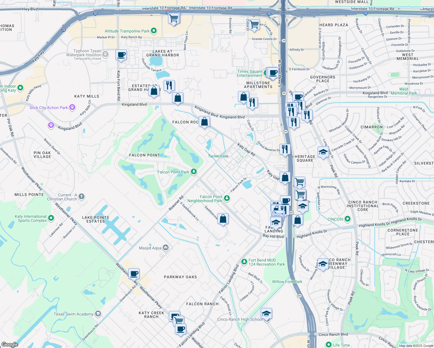 map of restaurants, bars, coffee shops, grocery stores, and more near 1406 Sullivan Springs Drive in Katy