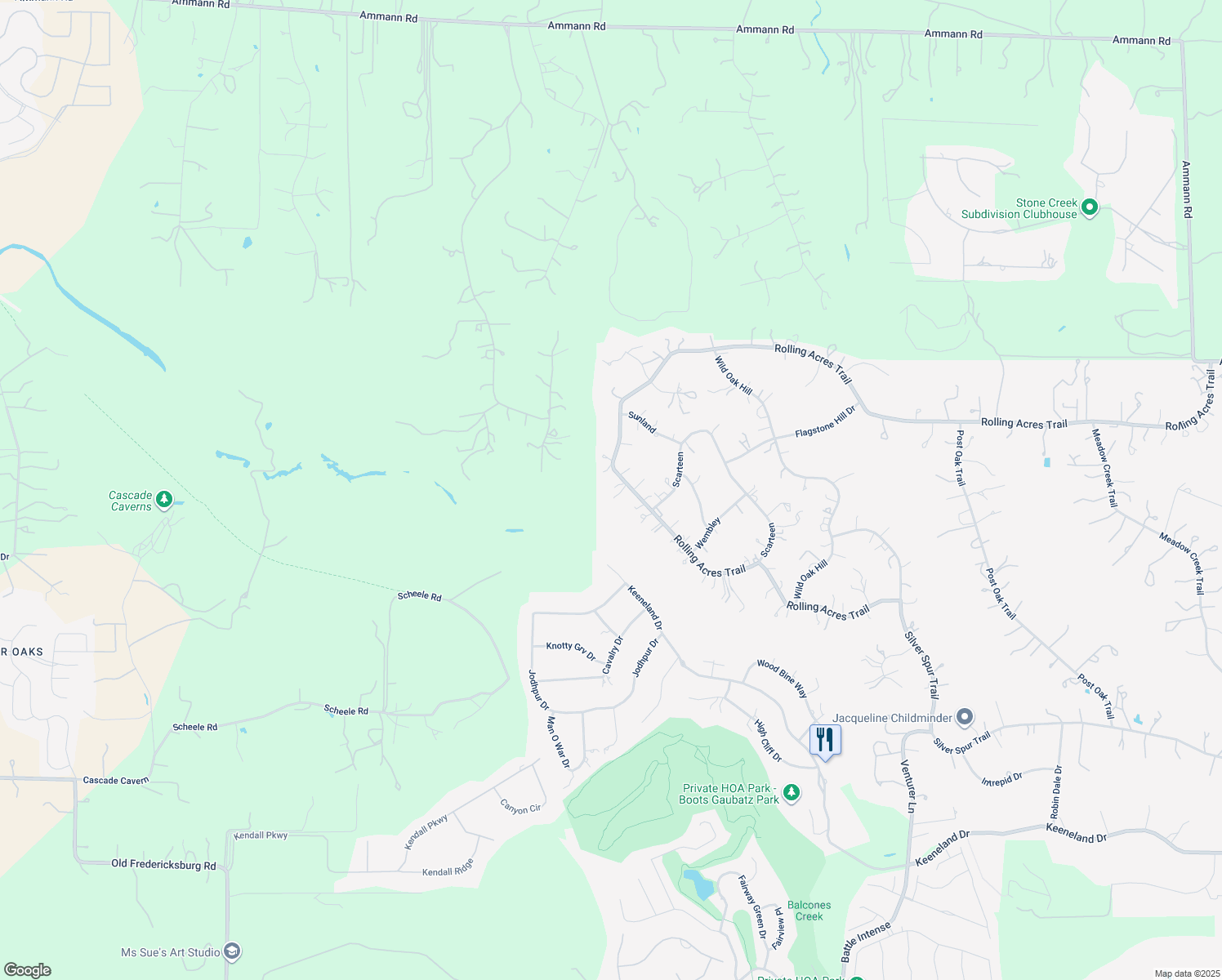 map of restaurants, bars, coffee shops, grocery stores, and more near 8592 Rolling Acres Trail in Fair Oaks Ranch
