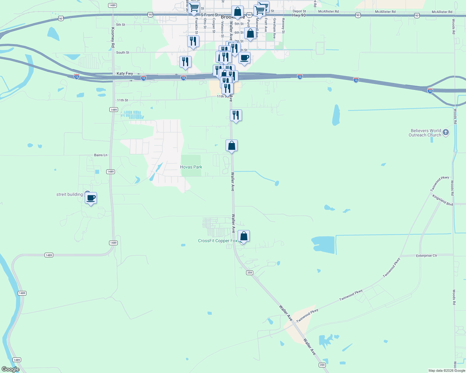 map of restaurants, bars, coffee shops, grocery stores, and more near 1606 Farm to Market 359 in Brookshire