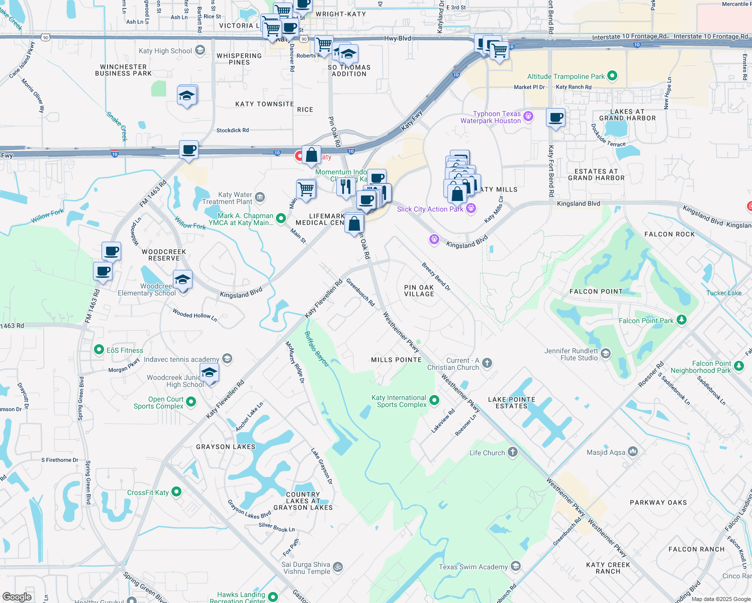map of restaurants, bars, coffee shops, grocery stores, and more near 24903 Pintail Court in Katy
