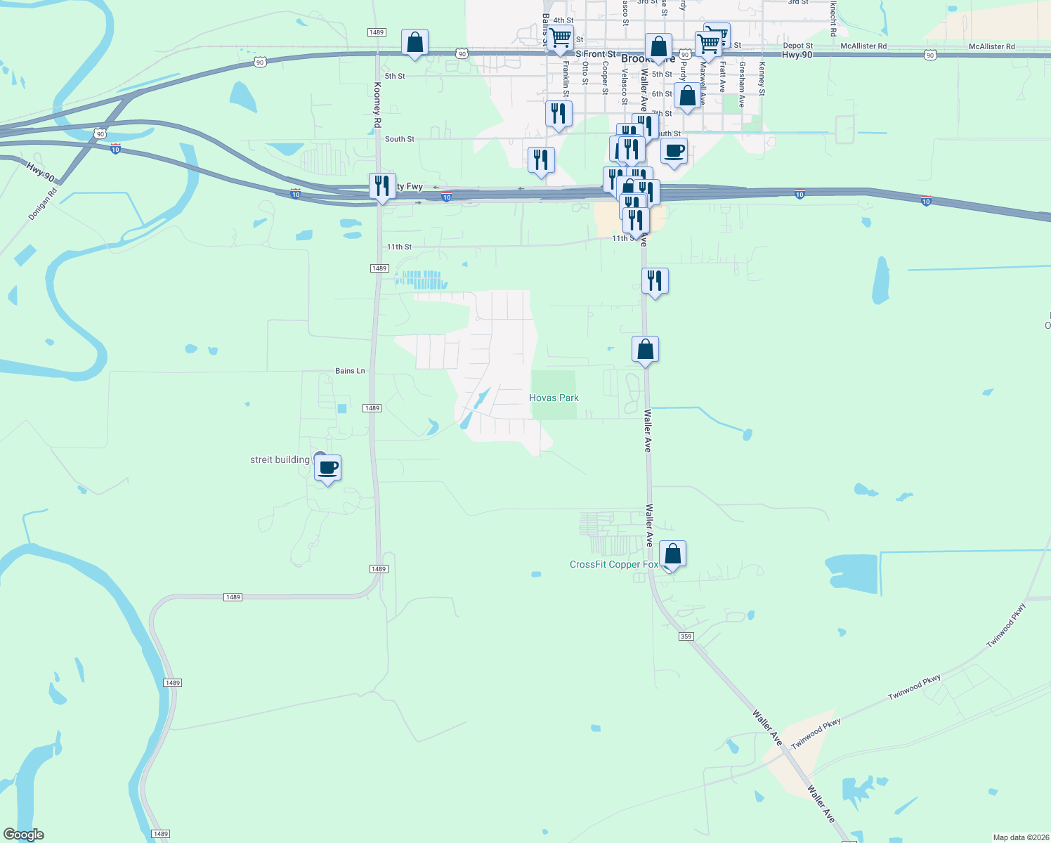 map of restaurants, bars, coffee shops, grocery stores, and more near 1636 Bob White in Brookshire