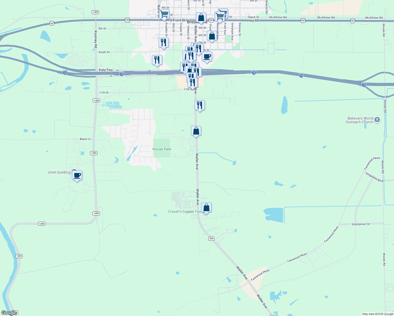 map of restaurants, bars, coffee shops, grocery stores, and more near 1514 Farm to Market 359 in Brookshire