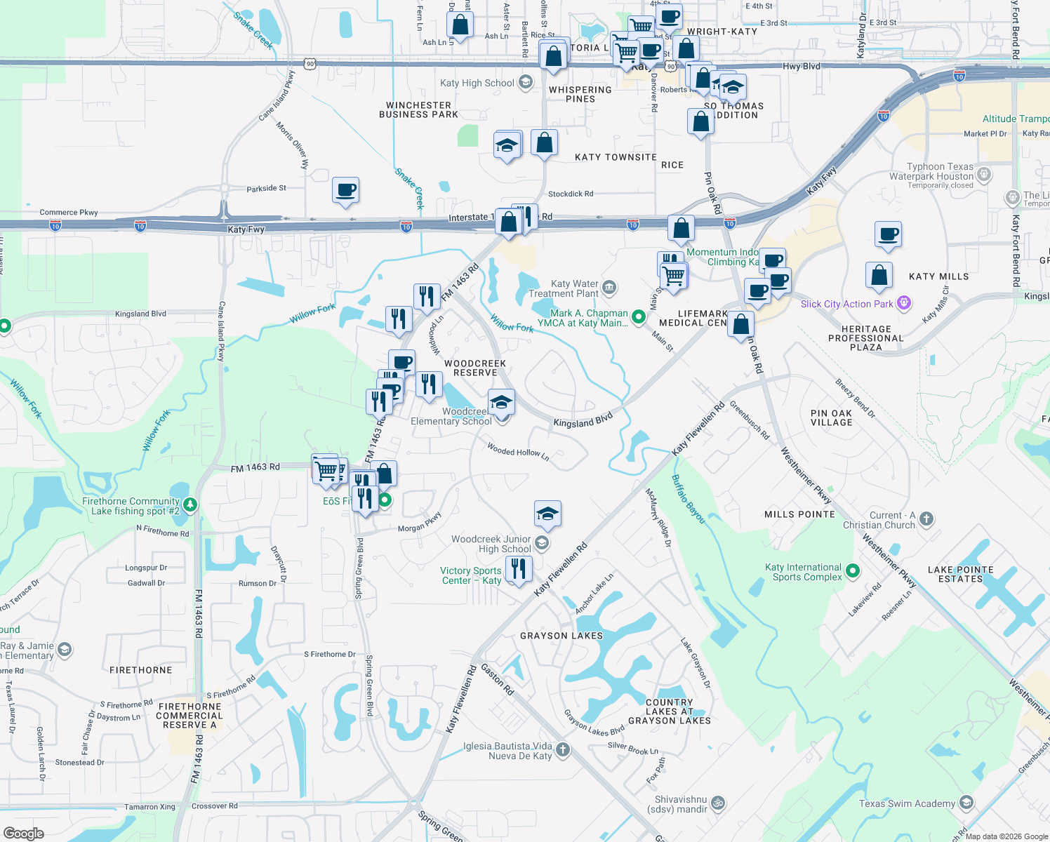 map of restaurants, bars, coffee shops, grocery stores, and more near Kingsland Boulevard in Katy